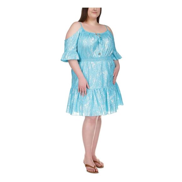 MICHAEL KORS Womens Aqua Waist Tie Lined Elbow Sleeve Split Dress Plus 3X - Picture 1 of 4